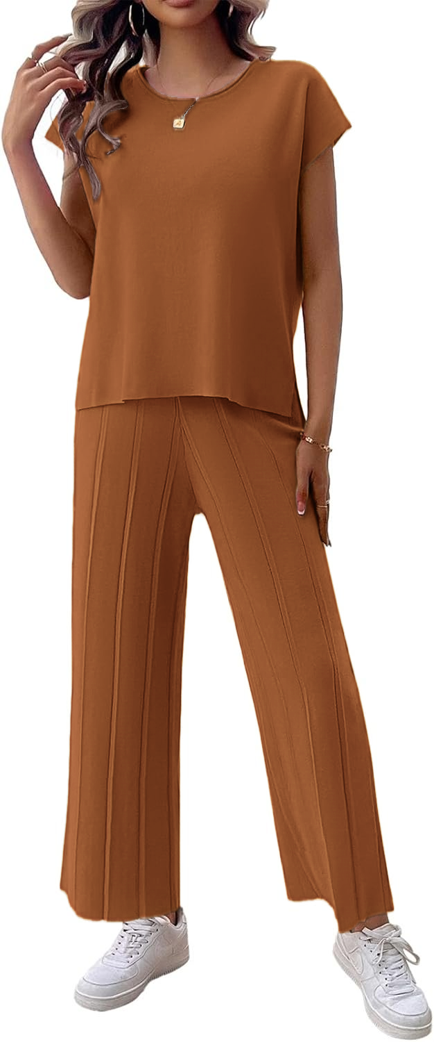 Womens 2 Pieces Lounge Sets Knit Sweater Sets Casual Cap Sleeve Tops with Wide Leg Pants Tracksuits