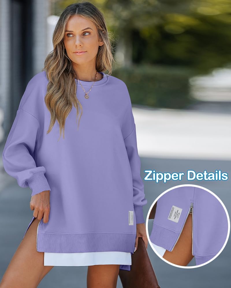 Womens Long Sleeve Zipper Slit Oversized Sweatshirt 2025 Casual Pullover Zipper Hoodies Fall Clothes