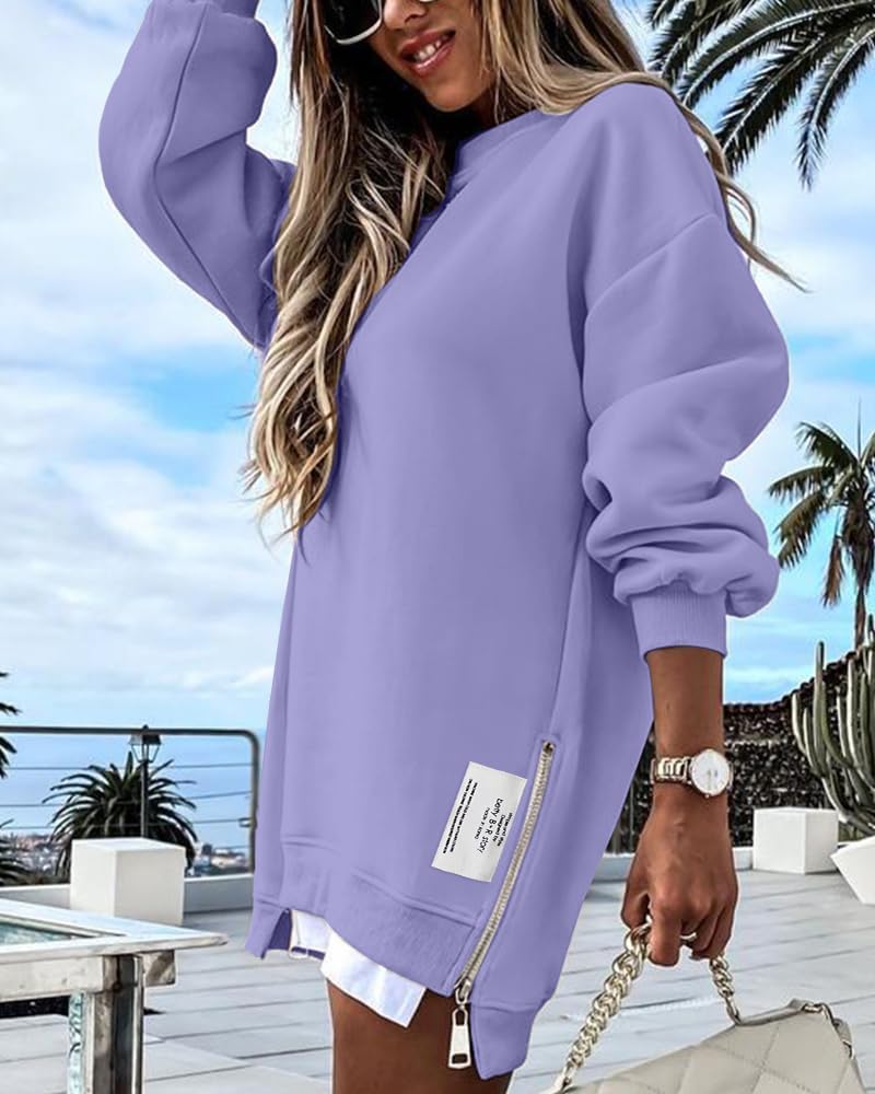 Womens Long Sleeve Zipper Slit Oversized Sweatshirt 2025 Casual Pullover Zipper Hoodies Fall Clothes