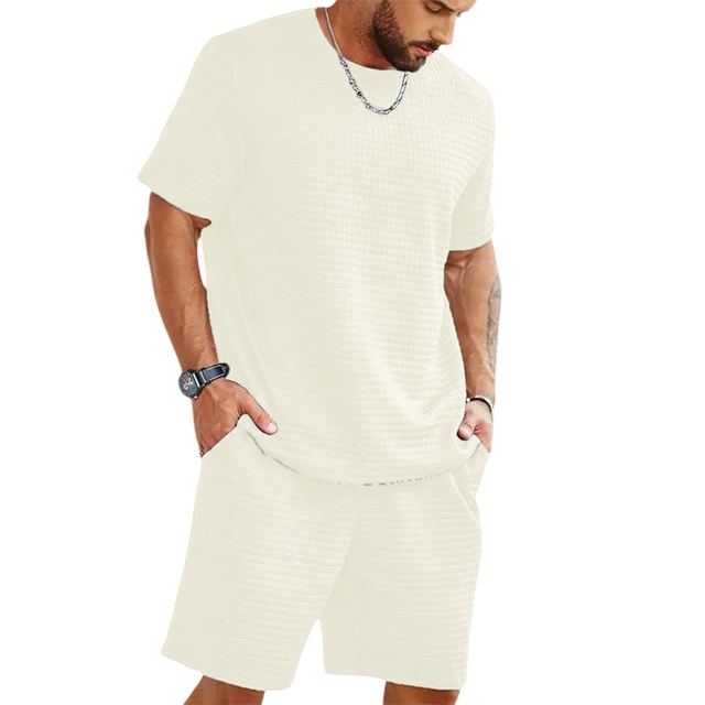 Two-Piece Set Men's Solid Waffle Knit Short Sleeve Tee & Pocket Shorts Set