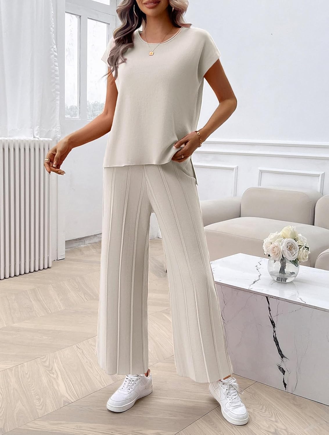 Womens 2 Pieces Lounge Sets Knit Sweater Sets Casual Cap Sleeve Tops with Wide Leg Pants Tracksuits