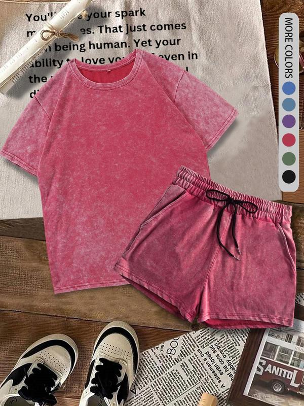 Two-piece Set Women's Solid Color Shortsleeve Tee & Denim-effect Print Shorts Cotton Set