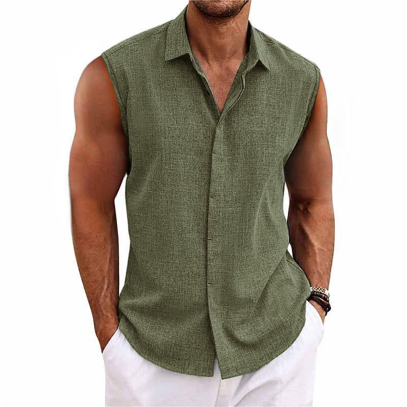 Men's Solid Color Lapel Cotton and Linen Sleeveless Shirt