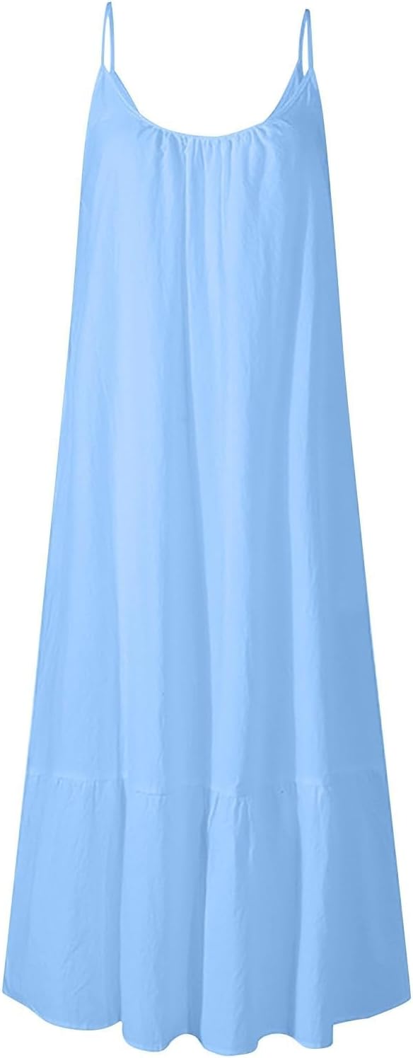 Summer Dresses Loose Fit Sleeveless Spaghetti Strap Asymmetric Tiered Maxi Dress Baggy