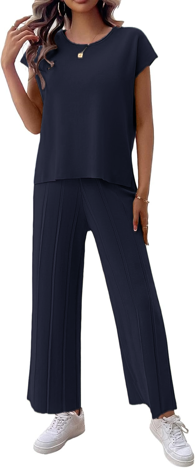 Womens 2 Pieces Lounge Sets Knit Sweater Sets Casual Cap Sleeve Tops with Wide Leg Pants Tracksuits