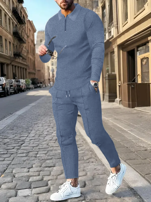 Men's Solid Textured Long Sleeve Polo Shirt & Drawstring Waist Pants Matching Sets