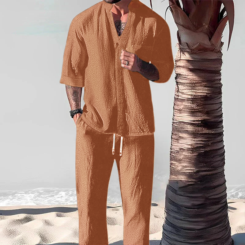 Men's two-piece set in cotton linen: top and trousers