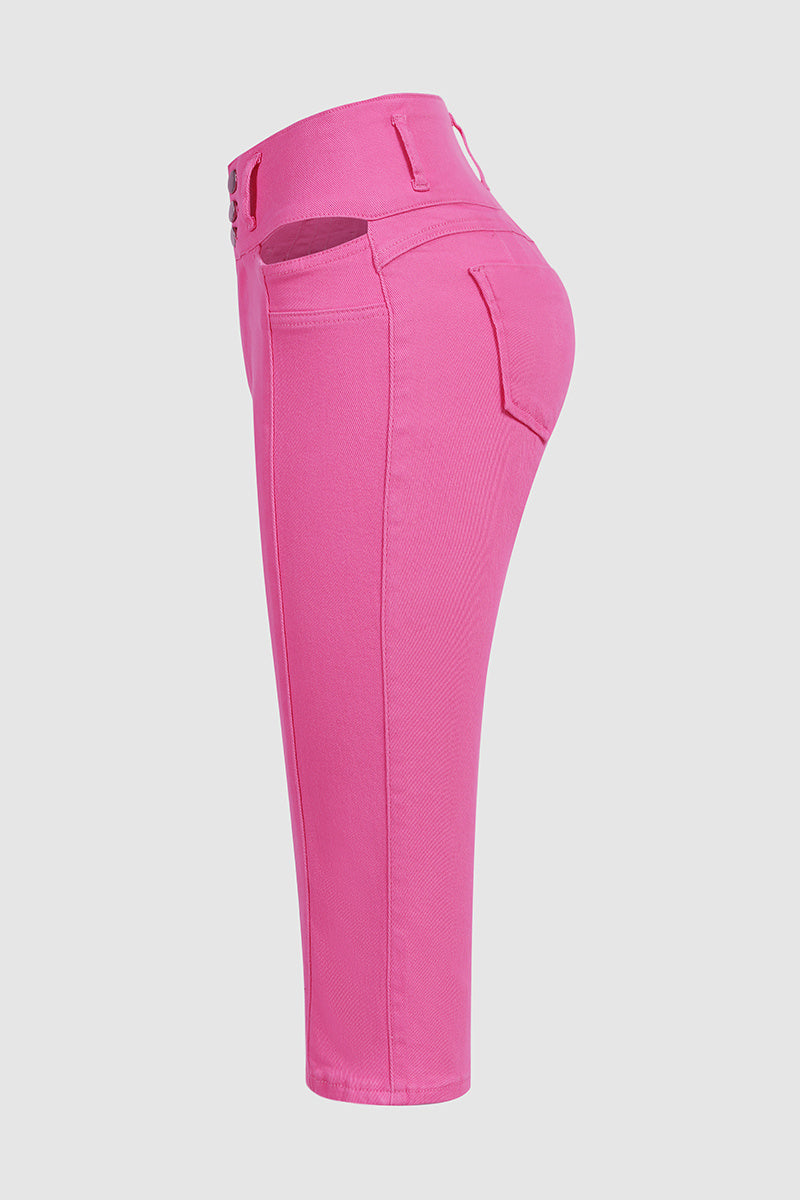 Solid Cut Out Waist Skinny High Waist Capri Jeans
