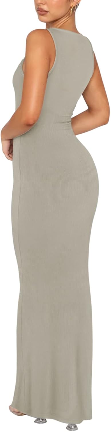 Women's Basic Sexy Lounge Slip Long Dress Elegant Sleeveless Backless Ribbed Bodycon Maxi Dresses