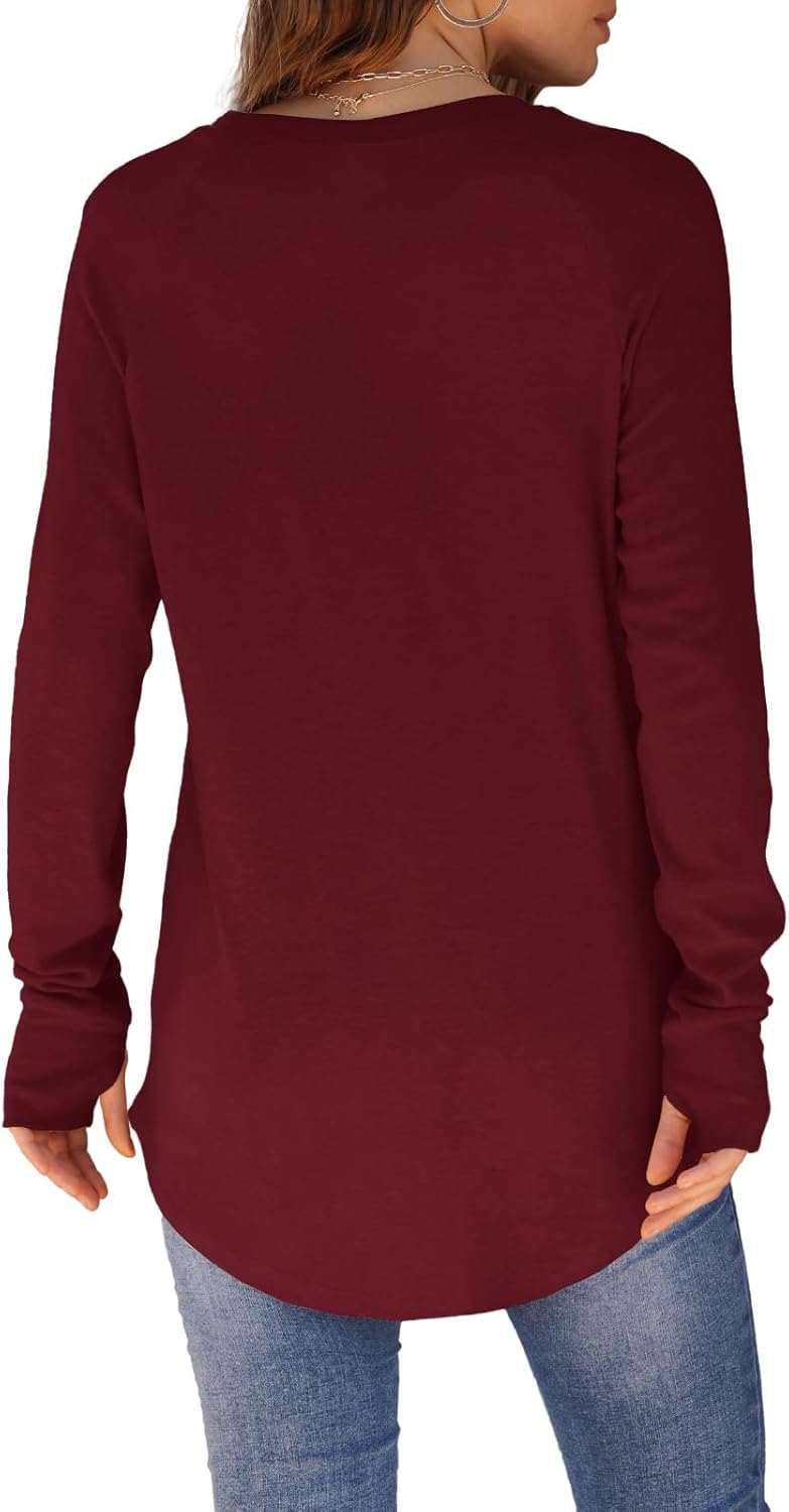 Womens Tunic Tops to Wear with Leggings Long Sleeve Thumb Hole Shirts Crew Neck Curved Hem Fall Winter Clothes
