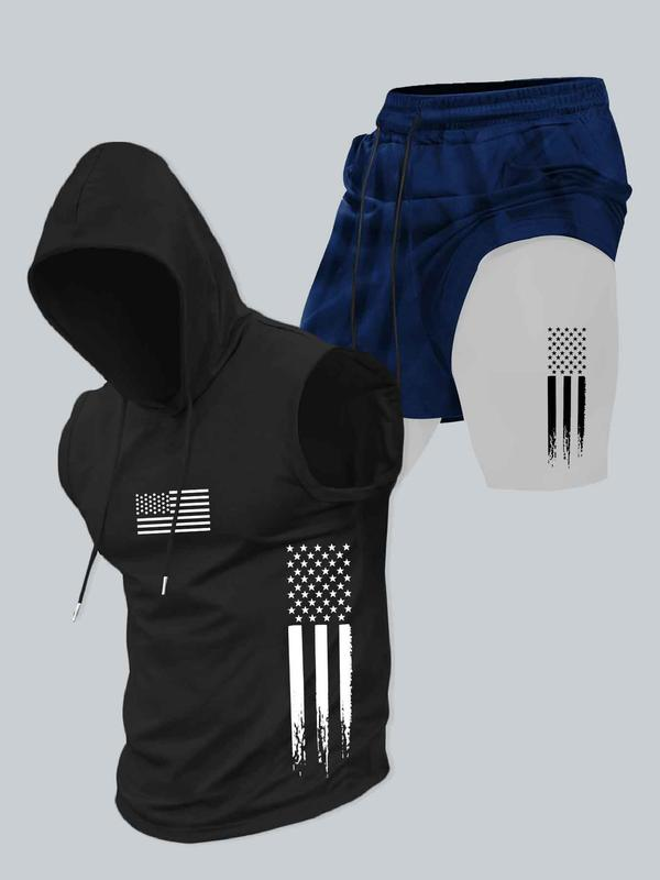 Season promotion--Two-piece Set Men's American Flag Print Hooded Tank Top & Shorts Set