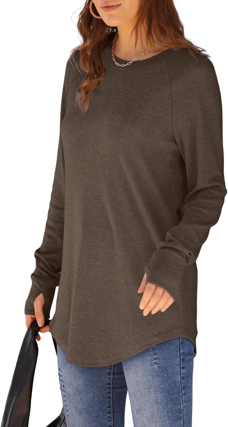 Womens Tunic Tops to Wear with Leggings Long Sleeve Thumb Hole Shirts Crew Neck Curved Hem Fall Winter Clothes