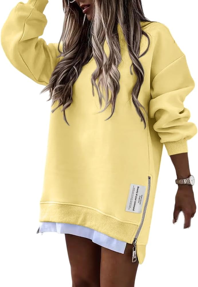 Womens Long Sleeve Zipper Slit Oversized Sweatshirt 2025 Casual Pullover Zipper Hoodies Fall Clothes