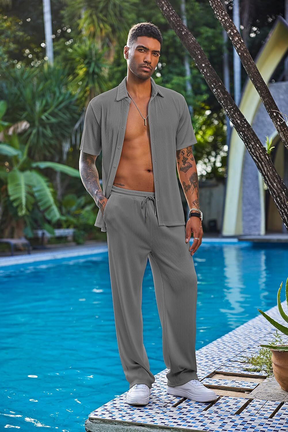 Men's 2 Piece Outfit Casual Short Sleeve Button Down Shirt Beach Summer Loose Pant Sets