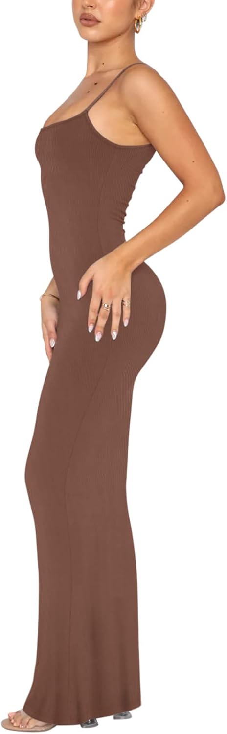Women's Basic Sexy Lounge Slip Long Dress Elegant Sleeveless Backless Ribbed Bodycon Maxi Dresses