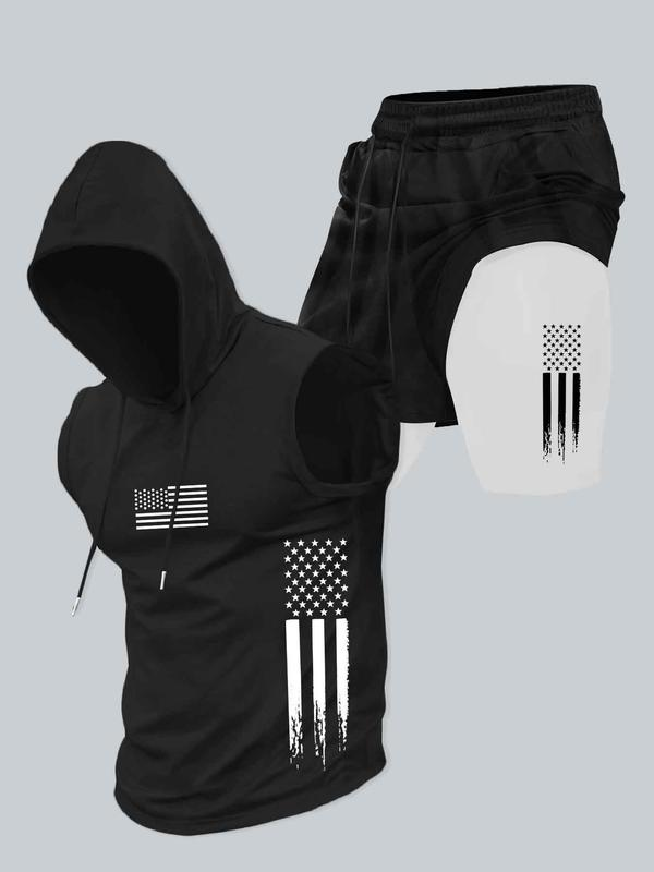 Season promotion--Two-piece Set Men's American Flag Print Hooded Tank Top & Shorts Set