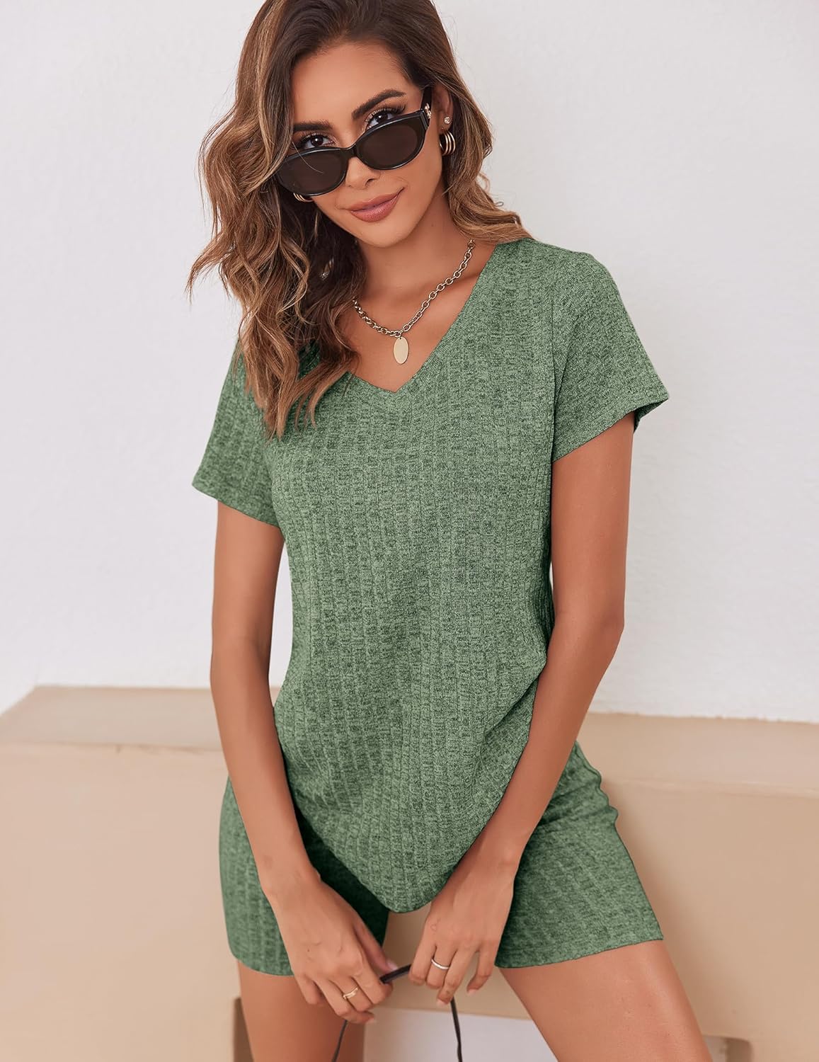 Biker Short Sets Women 2 Piece Outfits Ribbed Pajama Short Sleeve Workout Set
