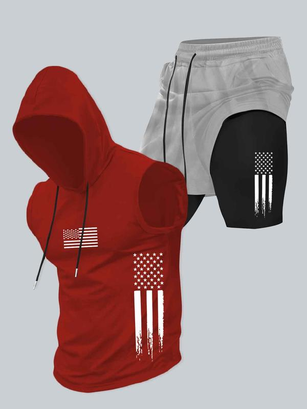 Season promotion--Two-piece Set Men's American Flag Print Hooded Tank Top & Shorts Set