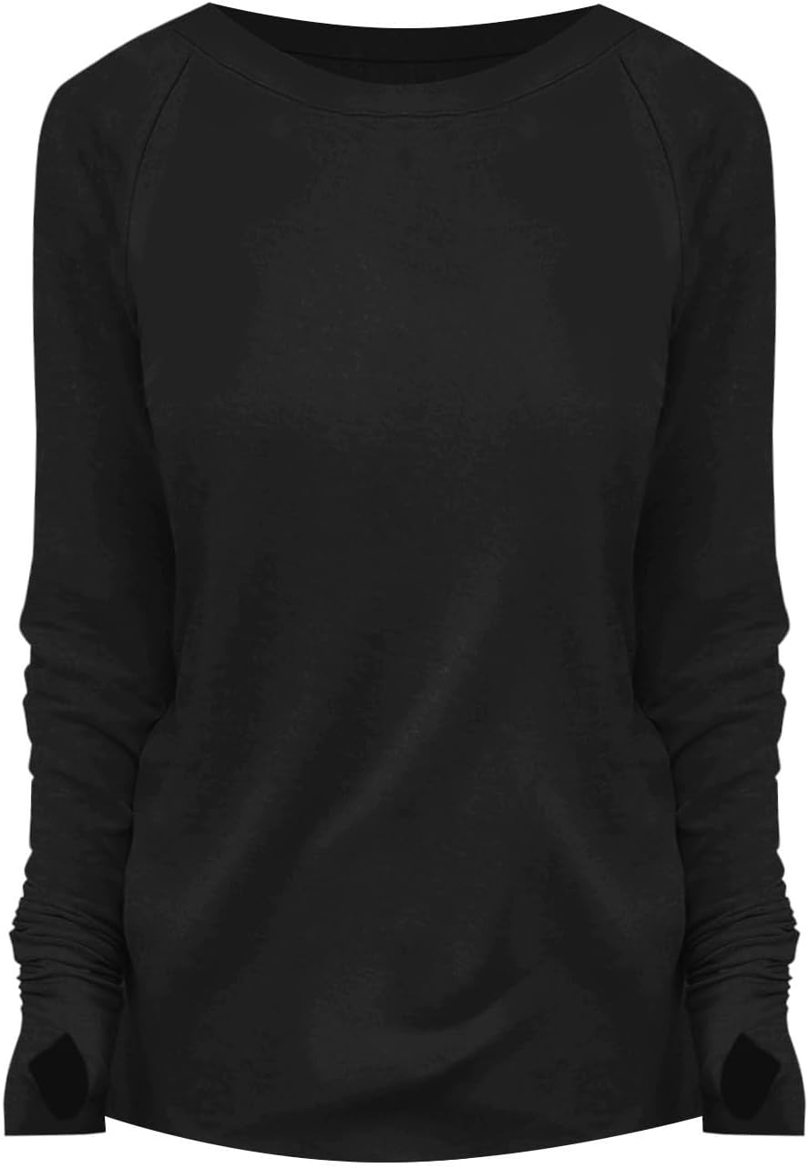 Womens Tunic Tops to Wear with Leggings Long Sleeve Thumb Hole Shirts Crew Neck Curved Hem Fall Winter Clothes