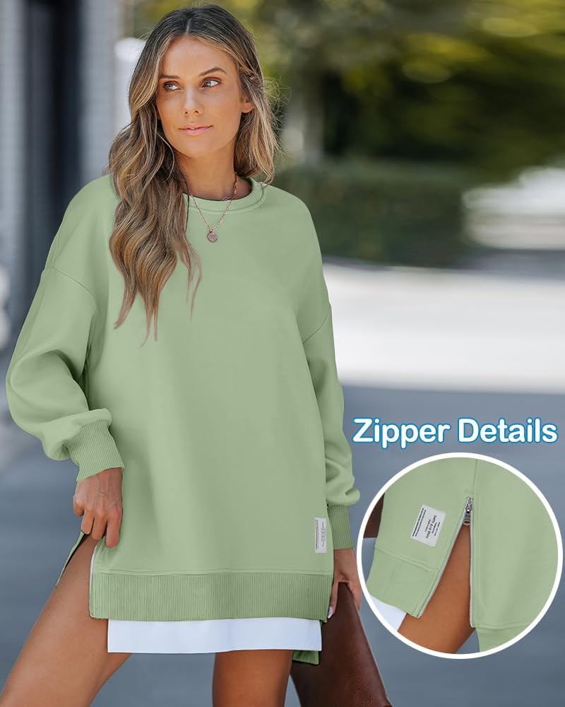 Womens Long Sleeve Zipper Slit Oversized Sweatshirt 2025 Casual Pullover Zipper Hoodies Fall Clothes