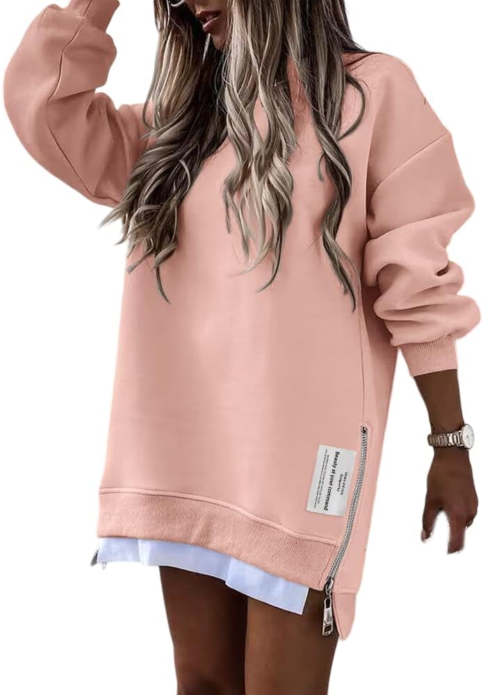 Womens Long Sleeve Zipper Slit Oversized Sweatshirt 2025 Casual Pullover Zipper Hoodies Fall Clothes