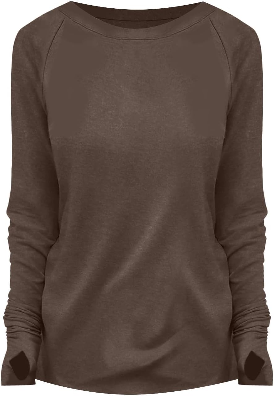Womens Tunic Tops to Wear with Leggings Long Sleeve Thumb Hole Shirts Crew Neck Curved Hem Fall Winter Clothes