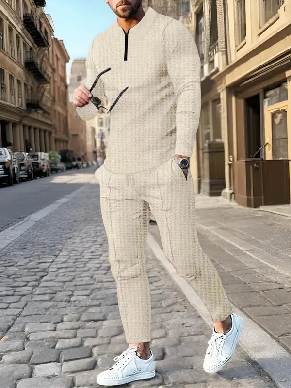 Men's Solid Textured Long Sleeve Polo Shirt & Drawstring Waist Pants Matching Sets