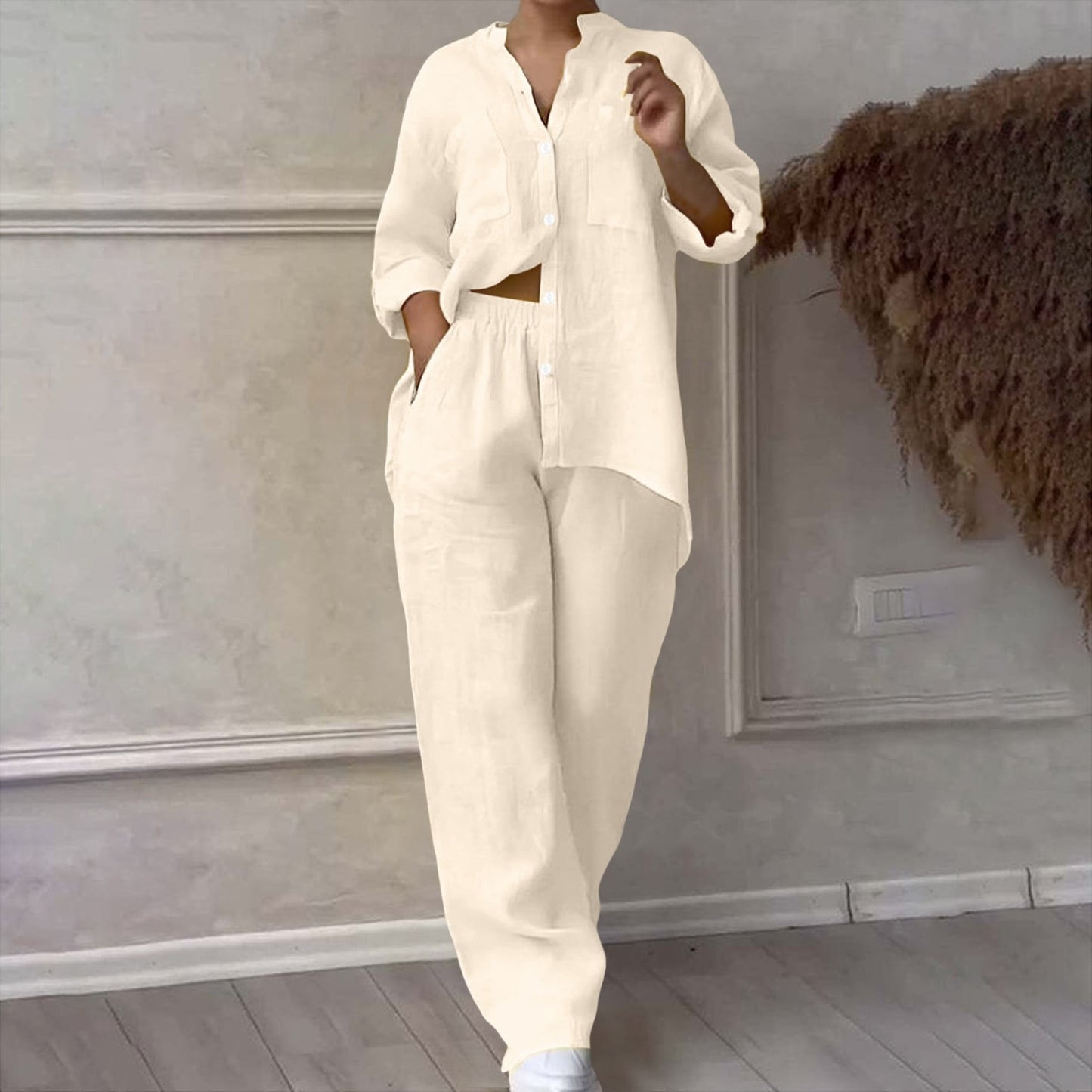 Women's Two Piece 2025 Lapel Long Sleeved Shirt Spring Summer Casual Solid Pants Wide Leg Two Piece Suit Women's Fashion Business Suit Two Piece Pants Set Women Trousers Suit Outfits for Women Girls
