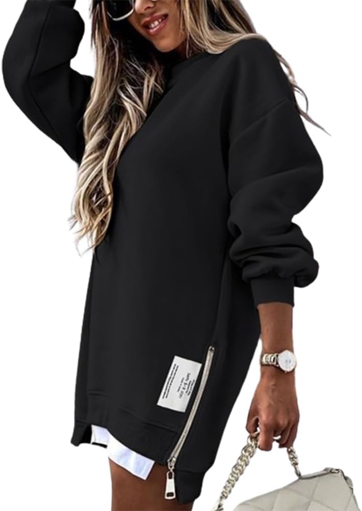 Womens Long Sleeve Zipper Slit Oversized Sweatshirt 2025 Casual Pullover Zipper Hoodies Fall Clothes