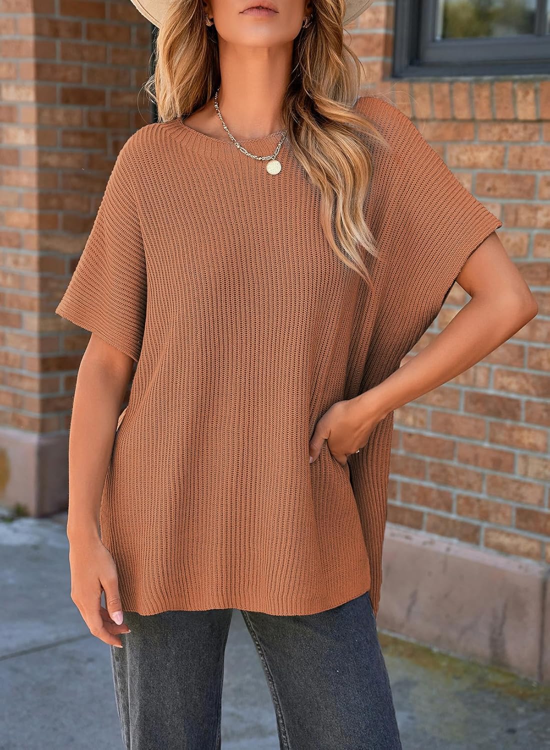 Womens Tops Crewneck Short Sleeve Sweater Causal Tunic Tops Lightweight Summer Sweaters for Women