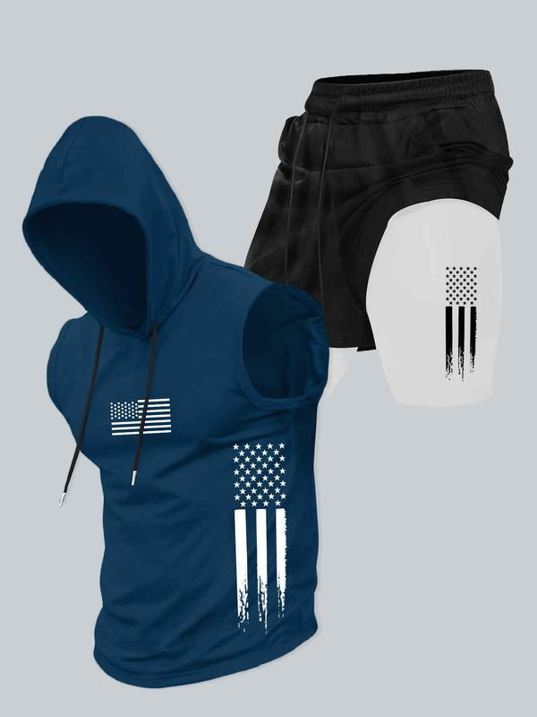 Season promotion--Two-piece Set Men's American Flag Print Hooded Tank Top & Shorts Set