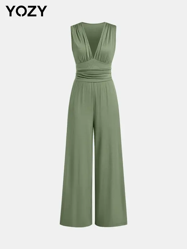 š„Flash Saleā” Deep V Neck Ruched Tank Jumpsuit, Sleeveless Wide Leg Jumpsuit, Women's Vacation & Holiday Wear for Evening Outfits on Holiday, Valentine's Day Gift for Girl