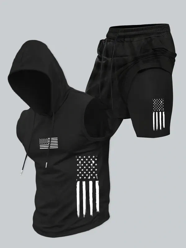 Season promotion--Two-piece Set Men's American Flag Print Hooded Tank Top & Shorts Set