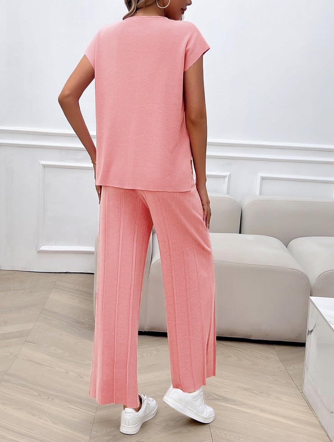 Womens 2 Pieces Lounge Sets Knit Sweater Sets Casual Cap Sleeve Tops with Wide Leg Pants Tracksuits