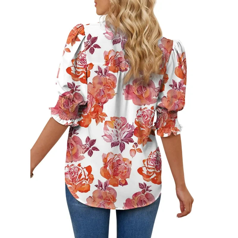 Womens Vneck T Shirts Tops Casual Ruffle Short Sleeve Blouses Boho Floral Graphic Solid
