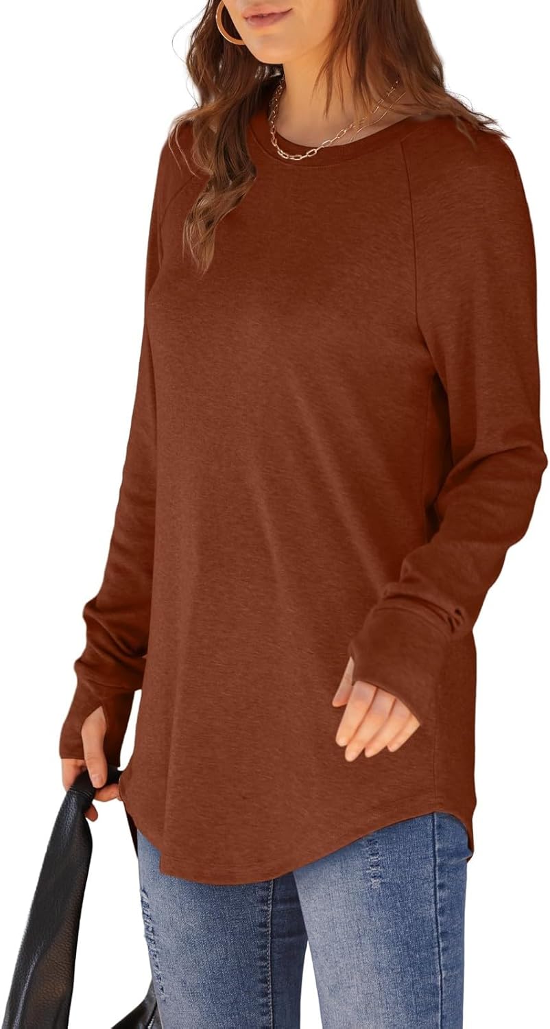 Womens Tunic Tops to Wear with Leggings Long Sleeve Thumb Hole Shirts Crew Neck Curved Hem Fall Winter Clothes