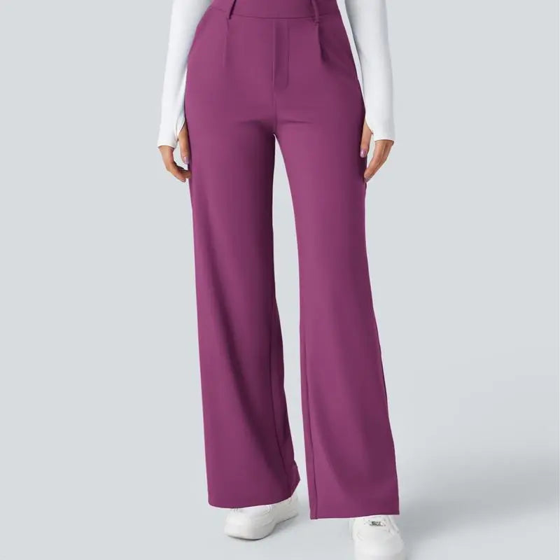 High Waisted Plicated Side Pocket Straight Leg Work Pants