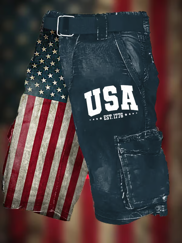 Men's Vintage Flag Independence Day Multi-Pocket Print Cargo Shorts (Belt Included)
