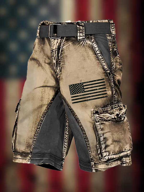 Men's Vintage Flag Independence Day Multi-Pocket Print Cargo Shorts (Belt Included)