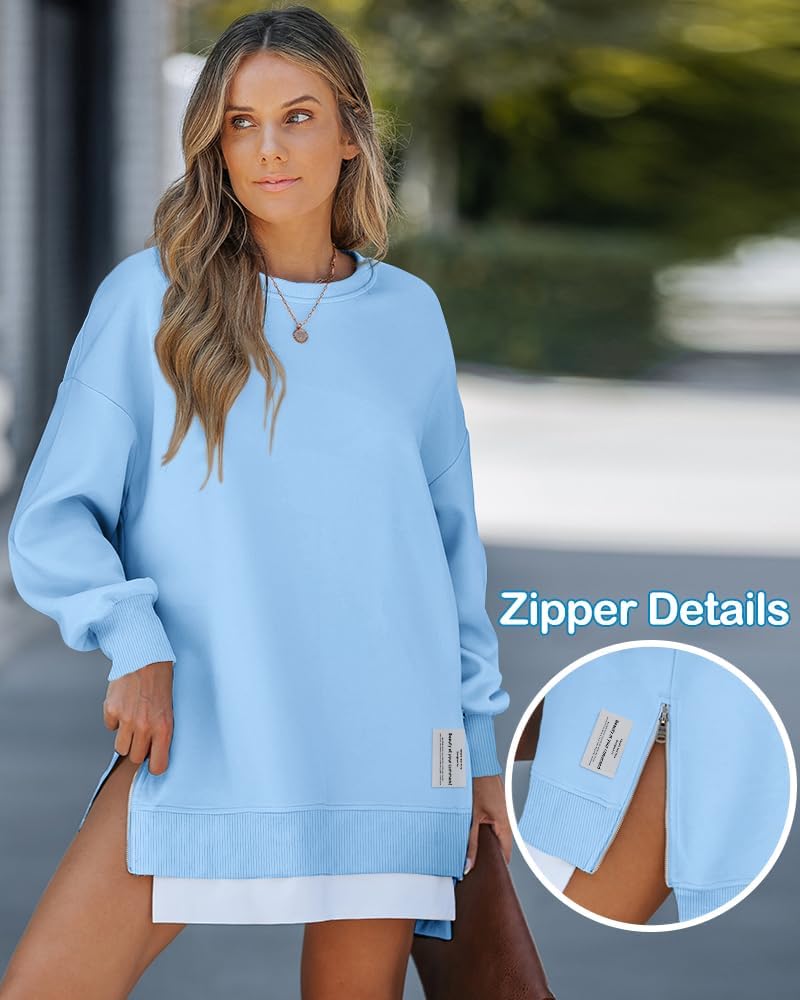Womens Long Sleeve Zipper Slit Oversized Sweatshirt 2025 Casual Pullover Zipper Hoodies Fall Clothes