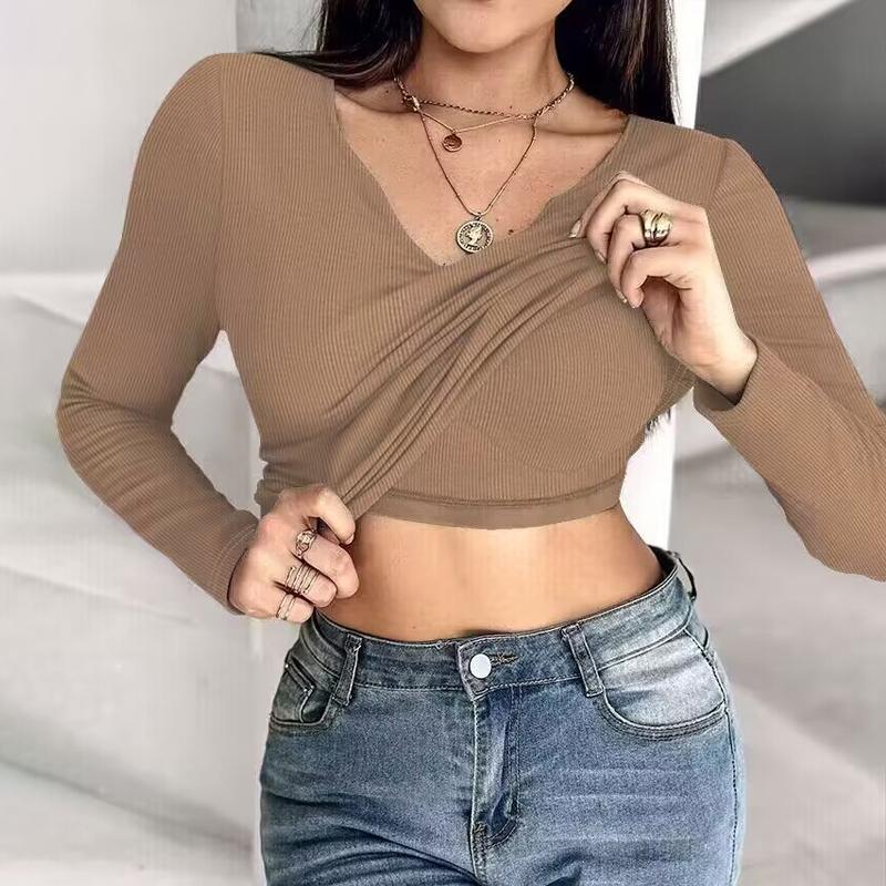 Women Built-in Self Bra Notch Neck Long Sleeve Shirts Tops Ruched Waist Rib-Knit Top