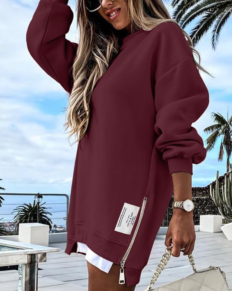 Womens Long Sleeve Zipper Slit Oversized Sweatshirt 2025 Casual Pullover Zipper Hoodies Fall Clothes