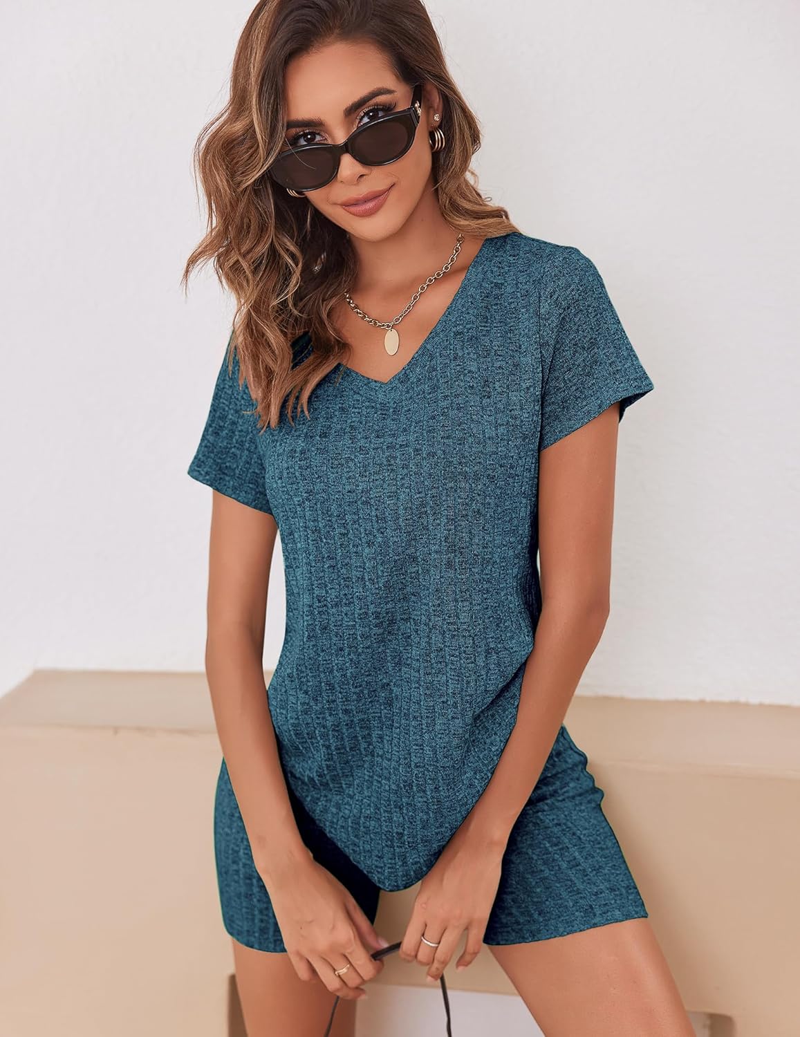 Biker Short Sets Women 2 Piece Outfits Ribbed Pajama Short Sleeve Workout Set