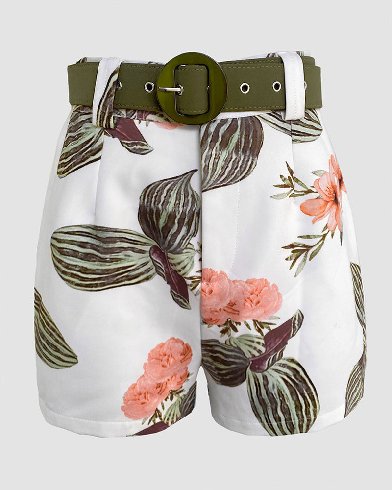 2 Pieces Outfits Notched Collar Long Sleeve Blazer & Floral Print Shorts Set With Belt