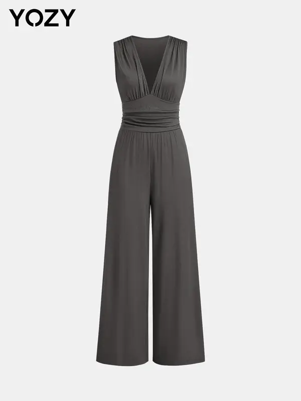 š„Flash Saleā” Deep V Neck Ruched Tank Jumpsuit, Sleeveless Wide Leg Jumpsuit, Women's Vacation & Holiday Wear for Evening Outfits on Holiday, Valentine's Day Gift for Girl
