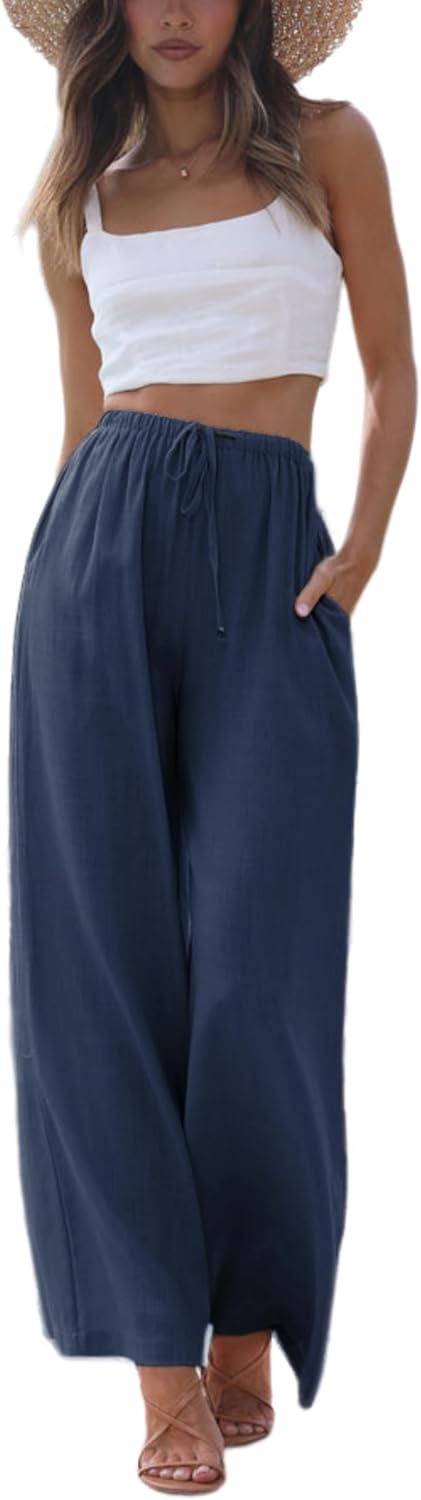 Women's Cotton Linen Summer Palazzo Pants Flowy Wide Leg Beach Trousers with Pockets