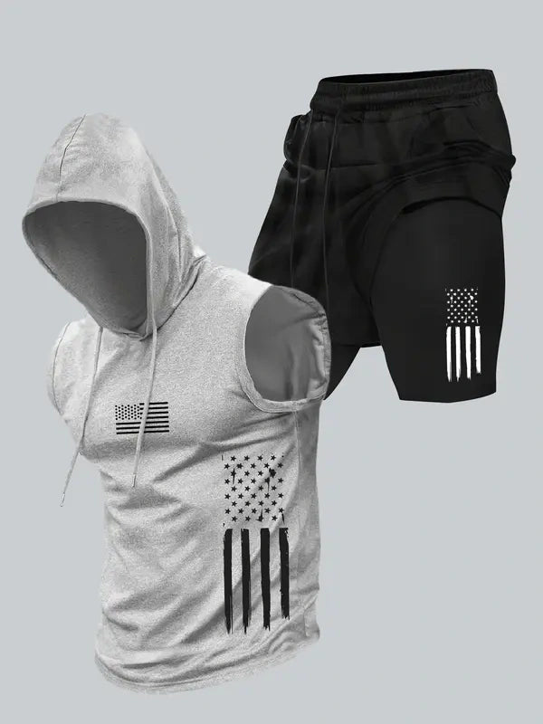 Season promotion--Two-piece Set Men's American Flag Print Hooded Tank Top & Shorts Set