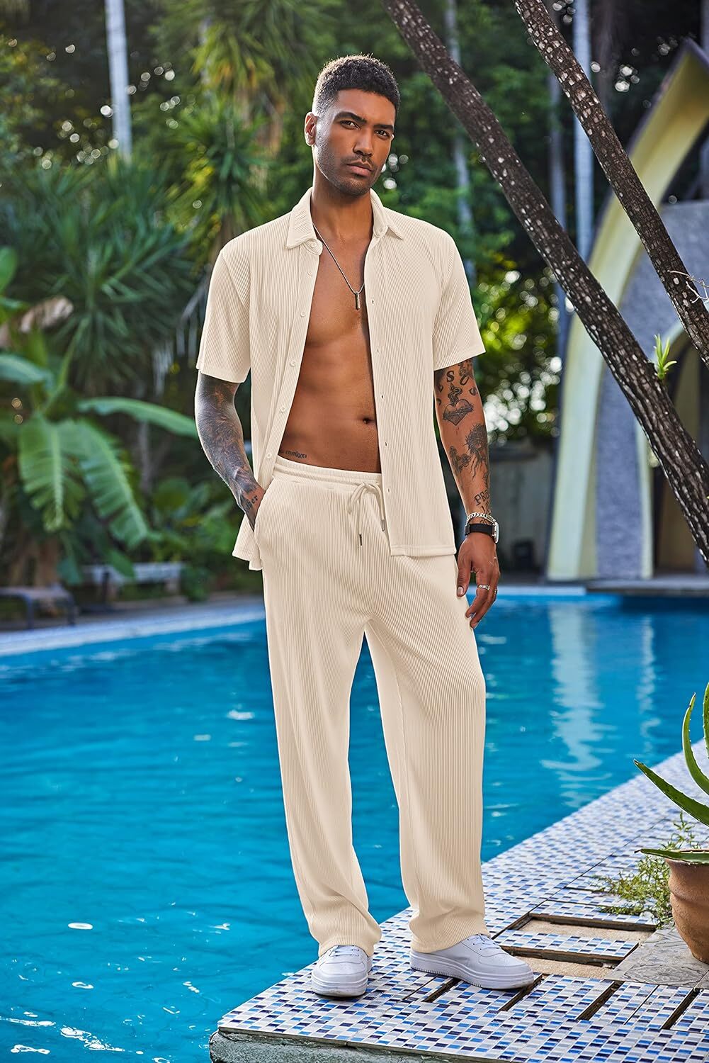 Men's 2 Piece Outfit Casual Short Sleeve Button Down Shirt Beach Summer Loose Pant Sets