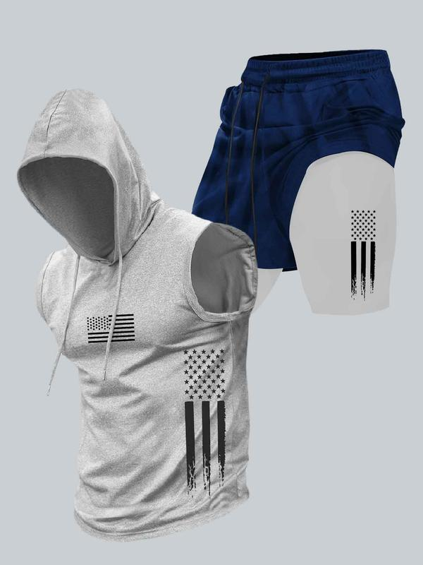 Season promotion--Two-piece Set Men's American Flag Print Hooded Tank Top & Shorts Set
