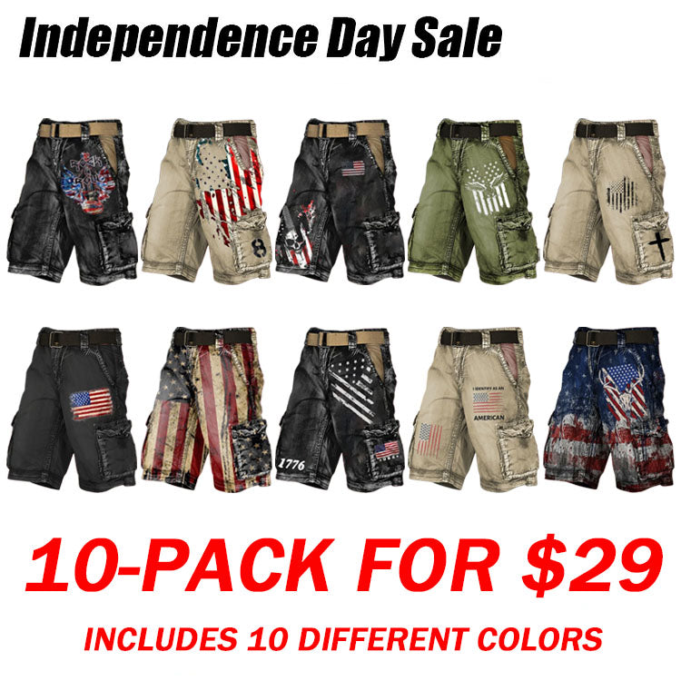 Men's Vintage Flag Independence Day Multi-Pocket Print Cargo Shorts (Belt Included)